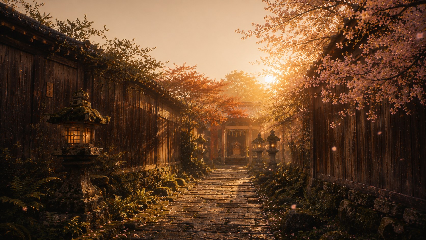 ตรอกไม้เก่าในเกียวโตยามรุ่งสาง มีโคมไฟเรือนไม้และดอกซากุระอยู่สองข้างทางที่ว่างเปล่า